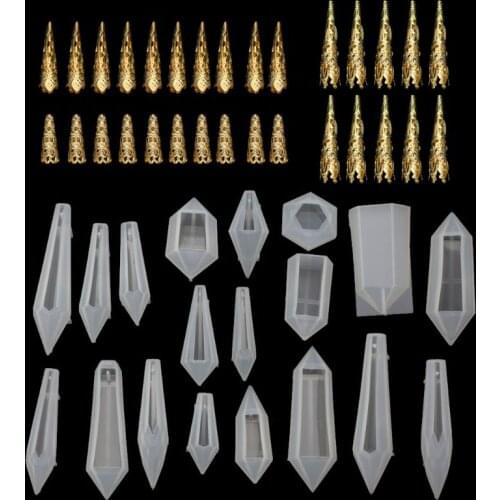 19Pcs Resin Pendulum Molds Silicone Quartz Crystal Molds with 30Pcs Metal Bead Epoxy UV Resin Molds Jewelry Tools