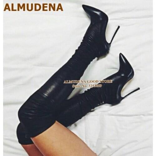 ALMUDENA Top Brand Nude Black Metal Heel Over-the-knee Skinny Boots Gold Heels Pointed Toe Nightclub Dress Shoes Thigh High Boot