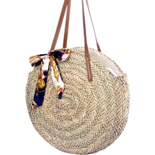 Handmade Rattan Woven Round Hand Knitting Handbag Fashion Straw Bag Rope Knitted Casual Shoulder Bag Summer Beach Tote Scarf