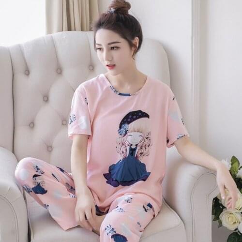 Summer cotton pajamas ladies short-sleeved cute thin section cotton trousers Lounge Intimate sleepwear lovely home service пижам