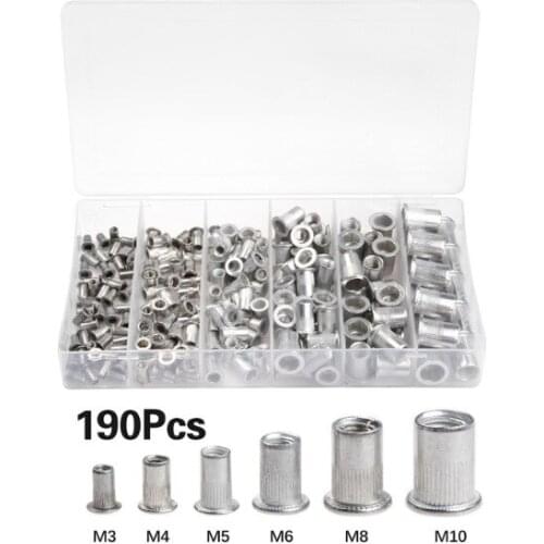 M3 M4 M5 M6 M8 M10 Flat Head Threaded Insert Nut Rivet Cap Set Threaded Nuts 190pcs Aluminum Alloy Rivet Nuts