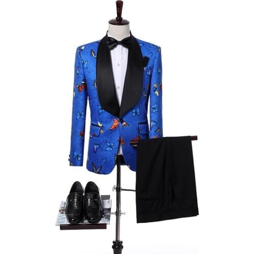 Mens Suits 2 Pieces Butterfly Printing Blue Tailored Collar Male Suit Business Suit Boutique Slim Casual For Wedding Dress Suit