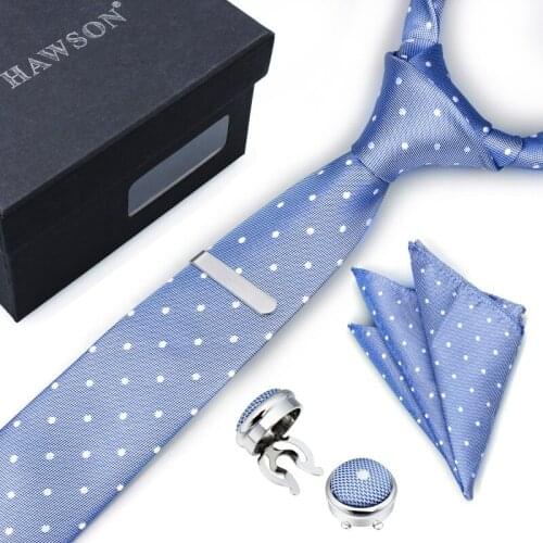 HAWSON Mens Necktie Set with Pocket Square Tie Clip Button Cover Cuff-links for Wedding Business Party, Mens Accessory