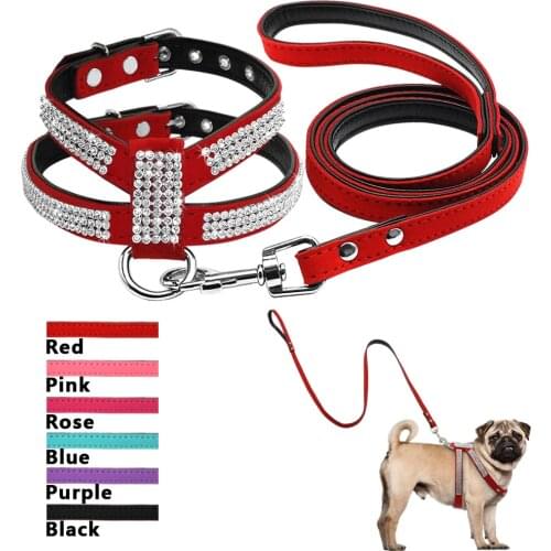 Soft Bling Rhinestone Dog Harness Diamante Suede Leather Cat Puppy Kitten Harness&Leash Set For Small Medium Dog Chihuahua S M L