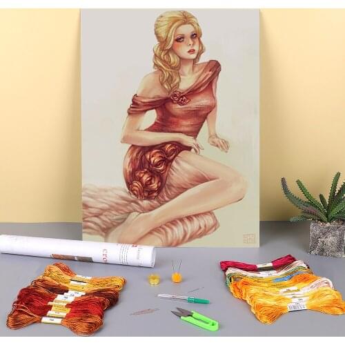 Cartoon Girl Woman Pre-Printed 11CT Cross-Stitch Embroidery Kit DMC Threads Handmade Needlework Craft Hobby Stamped Promotions