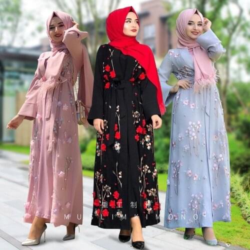 Flower Embroidered Jacket Muslim Womens Robe Muslim Cardigan Women Dubia High Quality Abaya