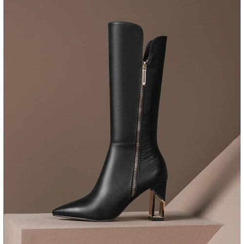 New winter Mid-Calf boots Genuine leather Women boots Chelsea Fashion warm cowhide Metal with high heels Female boots Womens