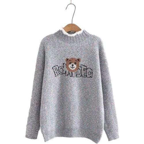 Autumn Winter Womens Preppy Style Childlike Color-Blocking Collar Letter Bear Sweater Jacquard Knit Pullover 2011941