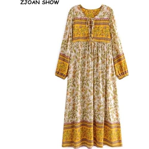 4 colors 2021 Bohemia Bandage Lacing up Collar Floral Print Dress BOHO Woman Hit Color Long Sleeve Maxi Long Holiday Dresses