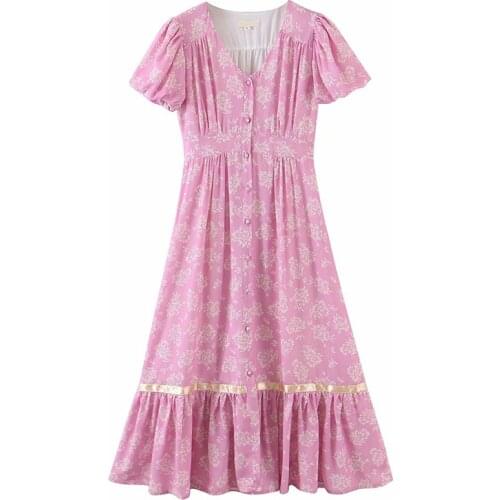 Elegant Women Holiday Party Princess Long Dress Female Single Breasted Puff Sleeve A-line Robe Summer Floral Print Ladies Dress