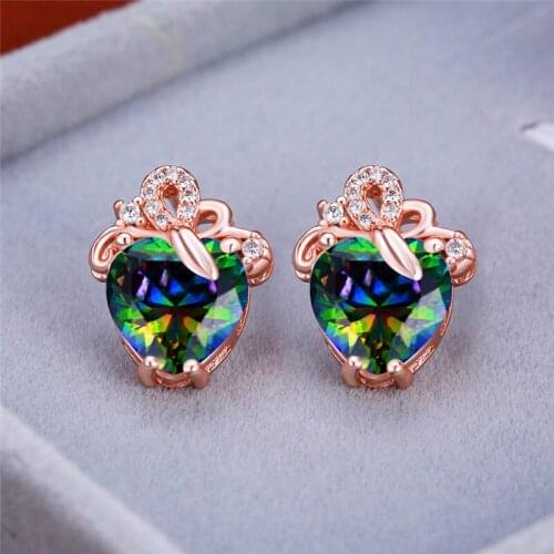 RongXing Mystic Fire Zircon Rainbow Gradient Stone Heart Stud Earrings for Women Men Rose Gold Filled Multicolor Crystal Earring
