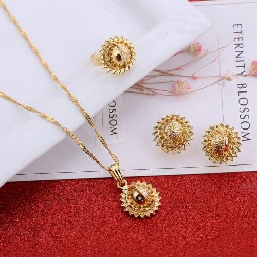 Traditional African Ethiopian Kenya Gold Jewelry Sets Earrings Pendant Ring Bridal Habesha Women Party Wedding Gift