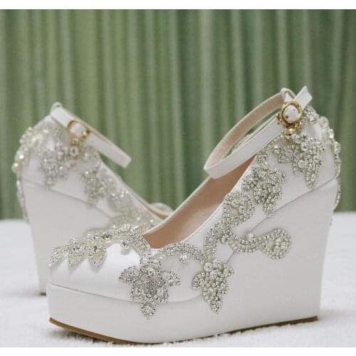 Shoes Woman Pumps wedding Party banquet PU Rhinestones Buckle Strap 10.8CM Wedges High Heels Round Toe Shallow black white