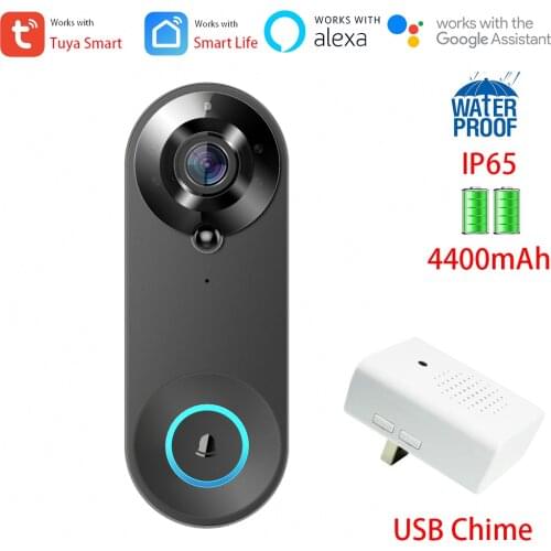 Tuya 1080P FHD Smart WiFi Video Doorbell Camera Alexa Google IP65 Outdoor 4400mAh Rechargeable Battery Built-In with USB Chime