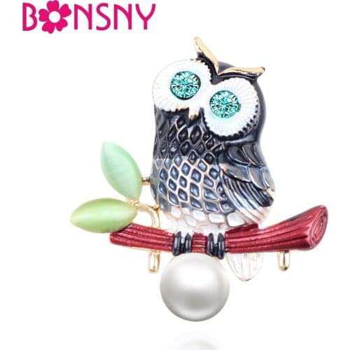 Bonsny Enamel Alloy Lovely Owl Brooch Opal Pearl Rhinestone Pin For Women Teens Clothes Scarf Decoration Fashion Ladies Jewelry