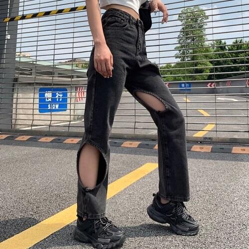 Irregular Hollow Jeans Female 2021 BF Style High Waist Letter Pattern Denim Pants Fashion Chic Wild Washed Fit Trousers