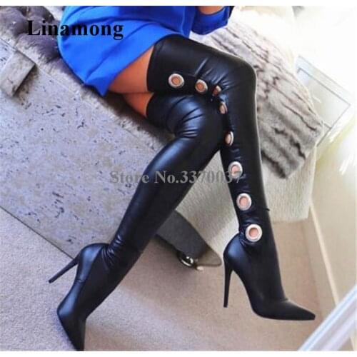 Women Sexy Fashion Pointed Toe Black Leather Over Knee Stiletto Heel Boots Slim Bandage Metal Hollow Out Long High Heel Boots