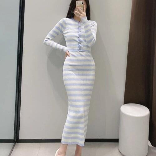 Knitted Two Piece Set Women 2 Pcs Cropped Cardigan Slim Fit Sling Dresses Femme Roupas 2021 Korean Chic Striped Suit