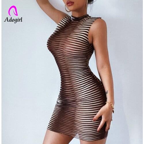 Zebra Stripes Women Mini Dress 2021 New Summer Sleeveless Active Outfits Sexy See Through Club Party Sheer Mesh Bodycon Vestidos