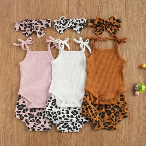 0-18M Summer Baby Girls Boys Clothes Sets Leopard Print Sleeveless Knit Solid Romper Shorts Headband 3pcs