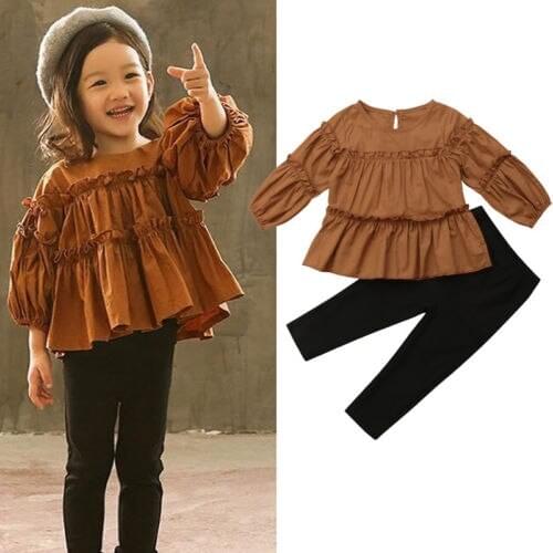 Fashion Girls Toddler Kids Outfits Clothes Pleated Blouse Tops+Leggings 2PCS Set