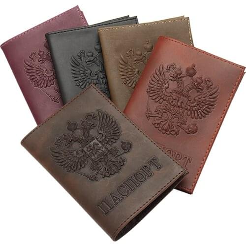 2020 New Vintage Style Russian coffee Crazy horse Genuine Leather Passport Holder Cover Case