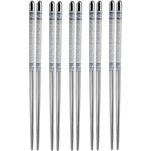 5 Pairs of Blue and White Porcelain Pattern Stainless Steel Non-slip Chinese Chopsticks Tableware Set