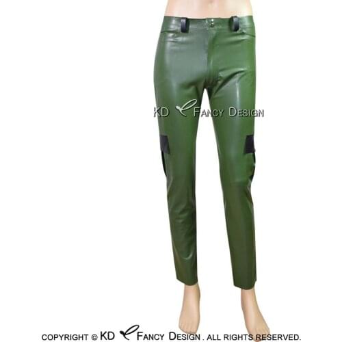 Army Green And Black Sexy Latex Cargo Pants With Patch Pockets Rubber Leggings Trousers Bottoms CK-0039