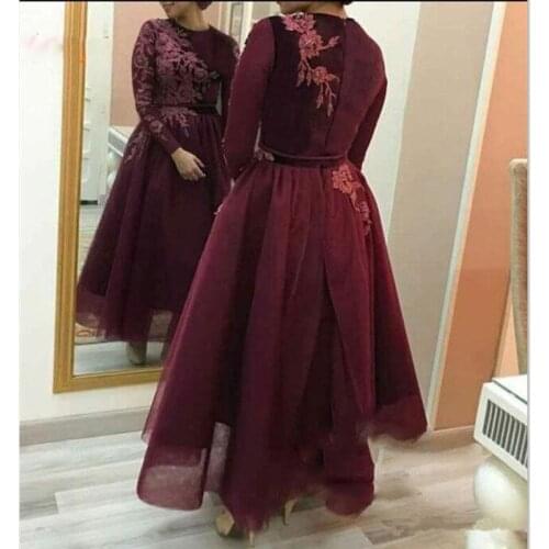 Burgundy Tulle A Line Evening dresses 2020 prom Gowns Long Sleeves Abaya Arabic Women Lace Appliques Ankle Length Prom Dresses