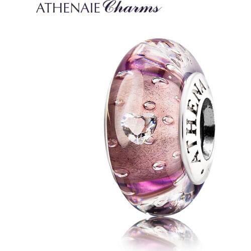 ATHENAIE Genuine 925 Silver Murano Glass Beads Core Effervescence Clear Heart CZ Charms Bead Fit European Charms 4 Colors