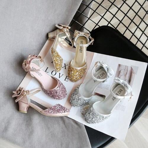 Kids Glitter Low Heel Sandals Princess Crystal Sequins PU Leather Shoes Wedding Party Dance Shoes Kids Bow-tie Dress Shoes