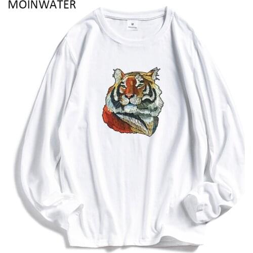 MOINWATER Women Casual Cartoon Tiger Print Long Sleeve T-shirts Lady Cotton Black Fashion Tops Female White Tees shirt MLT2002