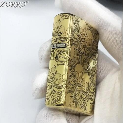 Zorro Kerosene Lighter Pure Copper Brass Carving Classic Rose And Skull Pattern Gasoline Lighter Men Gift Outside Tool