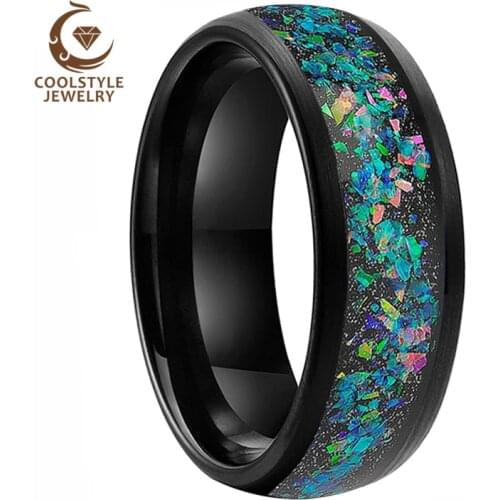 8MM Black Opal Ring Dome Band Tungsten Wedding Ring For Men Women With Galaxy Series Opal Inlay Comfort Fit
