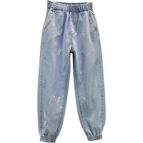 Summer Thin Jeans Women Denim Pants 2021 New Hot Drill Letter Students Pants Womens Elastic Waist Loose Denim Trousers