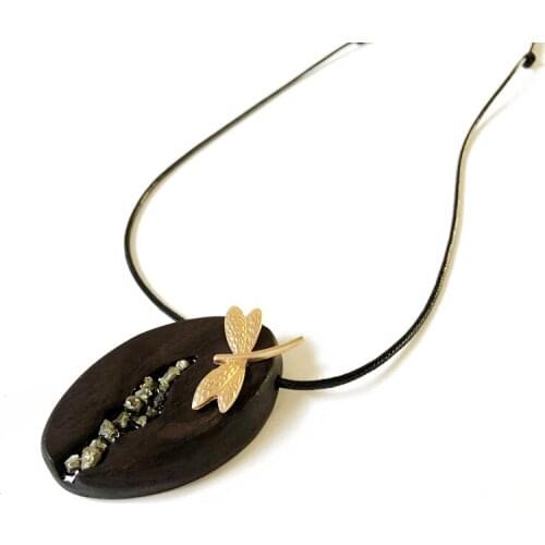 Fashion Wooden Oval Shaped Dragonfly Charm Natural Stone Adjusted Pendant Necklace