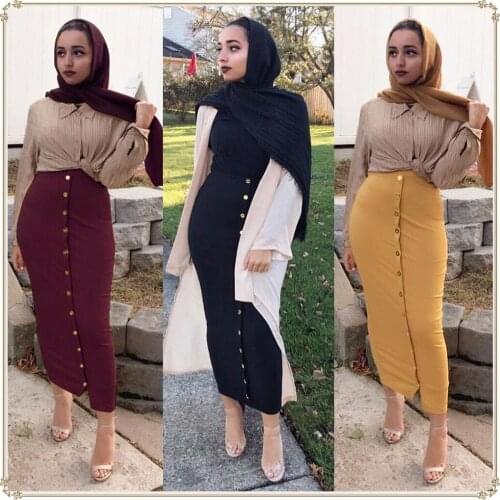 Baya Muslim Skirt Women Skirt Stretch Denim Maxi Pencil Middle East Bodycon High Waist Sheath Long Skirt Islamic Slim Skirts