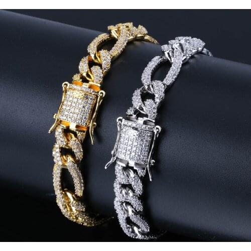 New Fashion 10mm Personality Iced Out Miami Curb Men Bracelets Gold Silver Color Hip Hop Jewelry Cuban Chain Crystal CZ Rapper