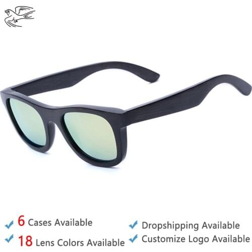 Mens Black Bamboo Sunglasses Men Wood Frame Eyewear Vintage Men Sunglasses Retro Blue Mirror Polarized Sun Glasses Shades GB049