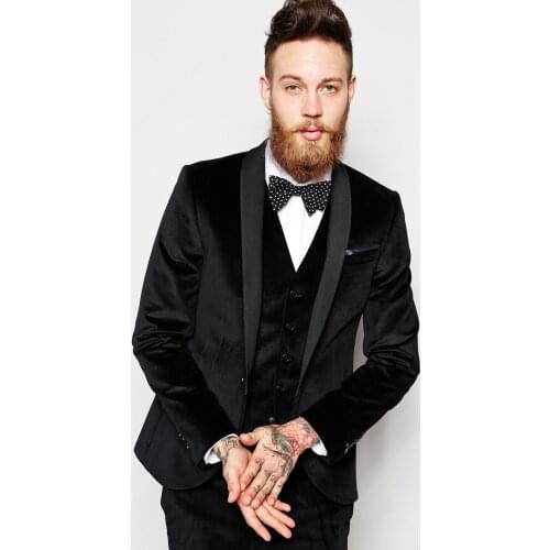 Custom Made Groomsmen Shawl Lapel Groom Tuxedos Black Velvet Men Suits Wedding Best Man Blazer (Jacket+Pants+Tie+Vest) B980