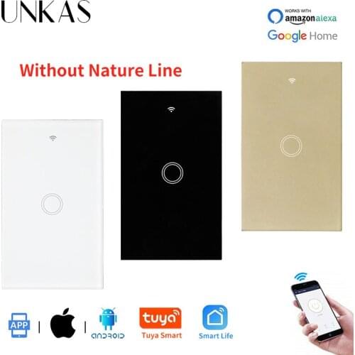 UNKAS US Standard Tuya Smart Life APP Touch Smart Home Automation Wall Switch 1 Gang Glass Panel Wall Switch Single Fire Line