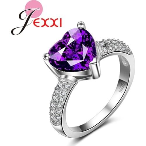 Engagement Finger Ring Women Jewelry 925 Sterling Silver Heart Purple Color Zirconia Cocktail Rings For Women
