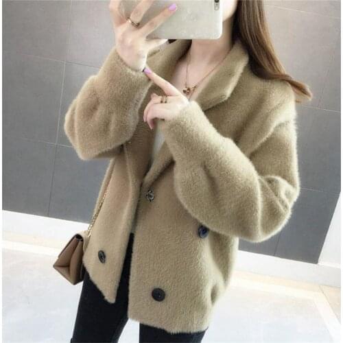 Autumn Winter Imitation Mink Cashmere Coat Women Loose Oversize Short Cardigan Double Breasted Casual Plush Knit Outerwear