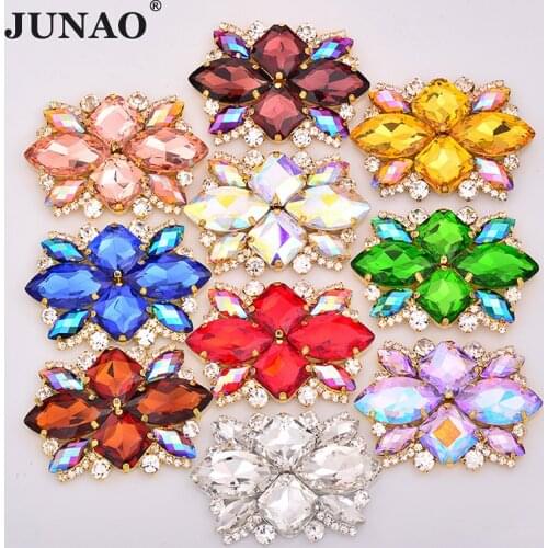 50*67mm Sew On Colorful Glass Flower Rhinestone Applique Gold Silver Claw Strass Flatback Sewing Crystal Stones for DIY Clothes