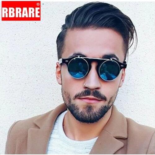 RBRARE Round Punk Flip Cover Sunglasses Men Brand Designer Alloy Frame Retro Women Sunglasses Reflective Mirror Street Beat