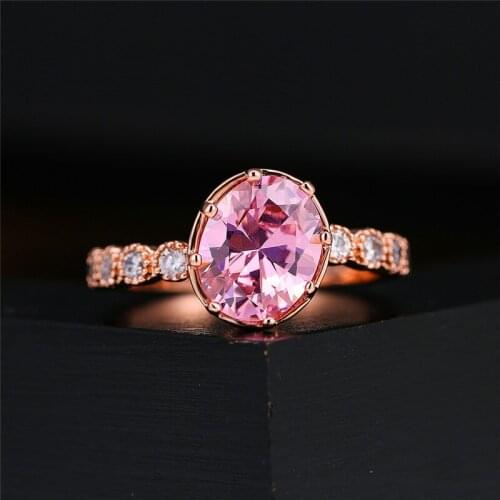 Luxury Female Pink Crystal Stone Ring Vintage Rose Gold Color Wedding Ring Dainty Ziecon Oval Engagement Rings For Women