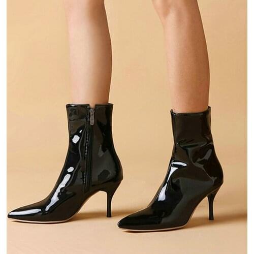 Black Red White Women Shoes Sexy Nude Boots Stiletto Zipper Ladies Boots Patent Leather Pointed Toe Calf Boots Large Size 34-43