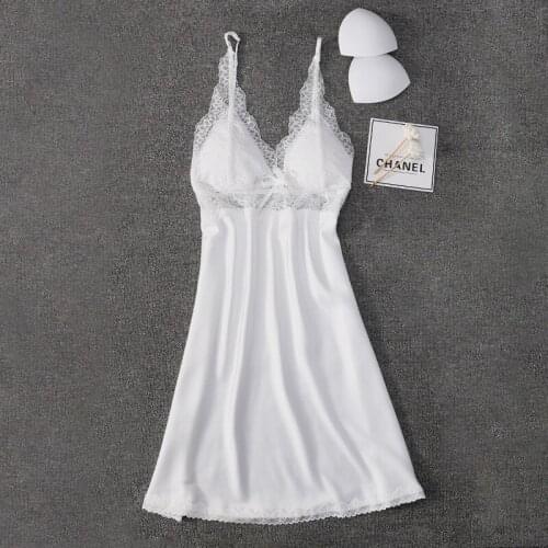 Sexy Satin Lace Nightgown Backless Nighty Cami Nightdress Womens Summer Intimate Chest Pads Sleepwear Sleeveless Sleep Dress