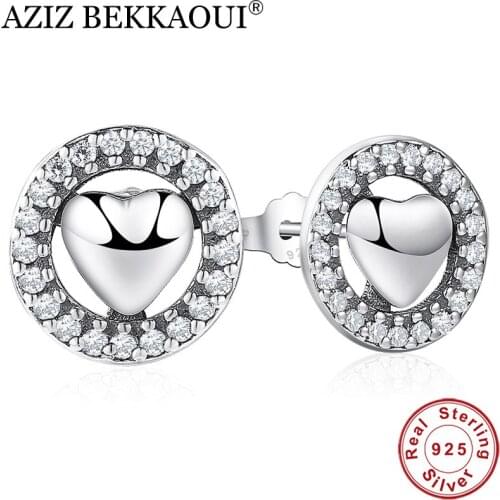 AZIZ BEKKAOUI 925 Sterling Silver Love Heart Stud Earrings for Women Clear Cubic Zirconia Anniversary Jewelry Women Earrings