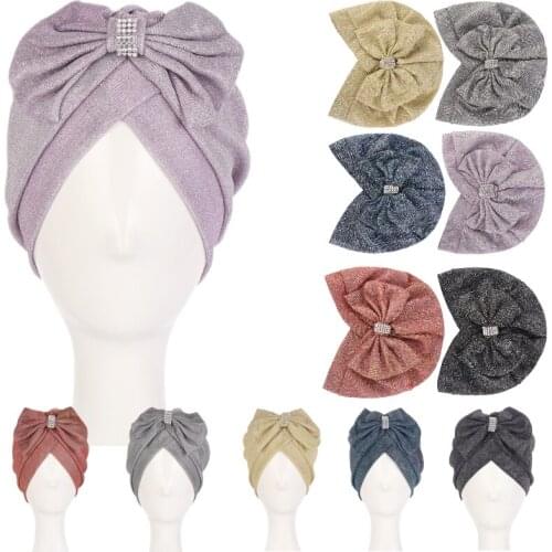 Spring Autumn Muslim Women Shiny Cap Big Bowknot Soft Rhinestone Beanie Turban Bonnet Fashion America Headwear African Headband